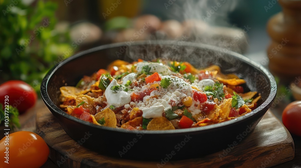 Burnt tortilla chips with white sour cream, tomatoes, cilantro, and jalapenos. Burnt tortilla chips with white sour cream, tomatoes, cilantro, and jalapenos.