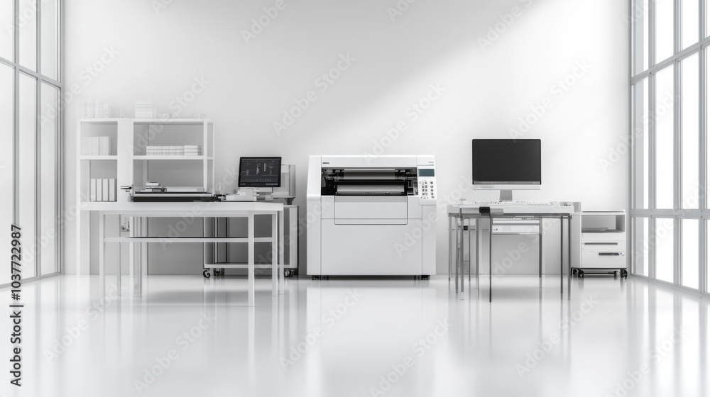 white laboratory with an electronic printing machine, computer, and other equipment on tables. white laboratory with an electronic printing machine, computer, and other equipment on tables.