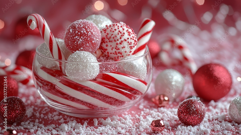 Fototapeta premium Festive candy canes and glittery Christmas ornaments in a glass bowl with a red and white theme