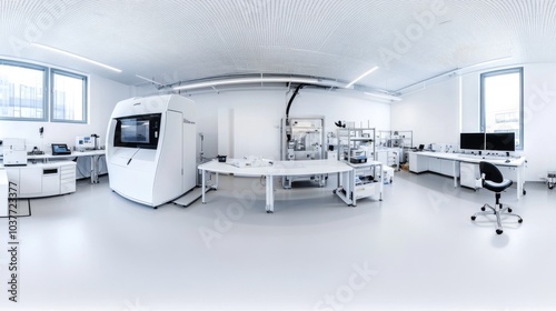 white laboratory with an electronic printing machine, computer, and other equipment on tables.