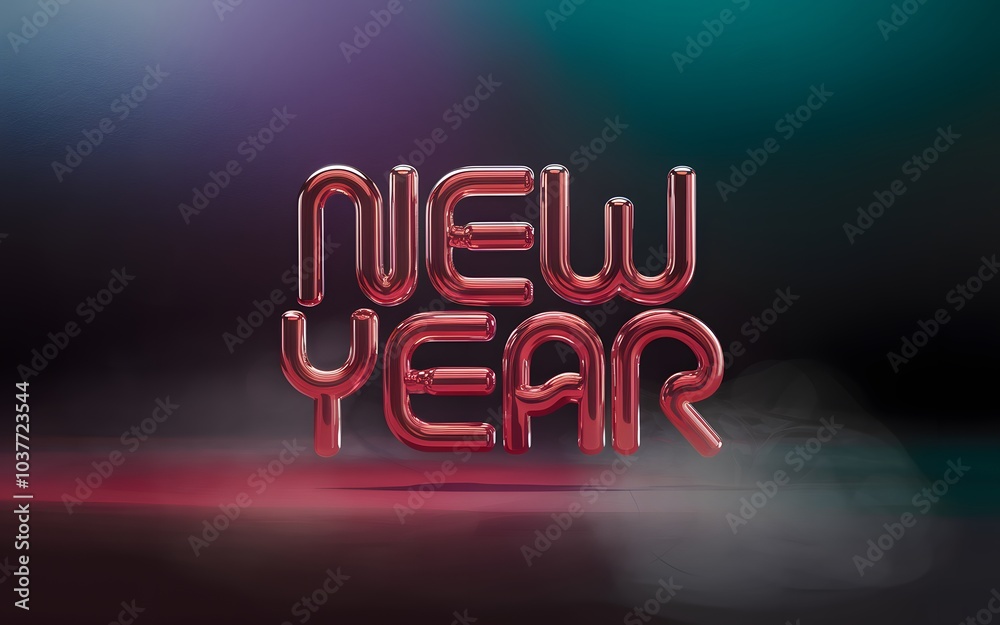 A moody, artistic portrait photograph featuring a modern, abstract logo with red metallic, 3D-effect letters NEW YEAR A moody, artistic portrait photograph featuring a modern, abstract logo with red metallic, 3D-effect letters NEW YEAR