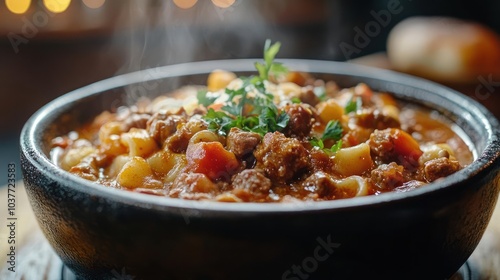 A tempting bowl of goulash served in a black pot, photo