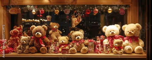 Festive illumination enhances a display of teddy bears and plush toys, creating a joyful shopping experience.