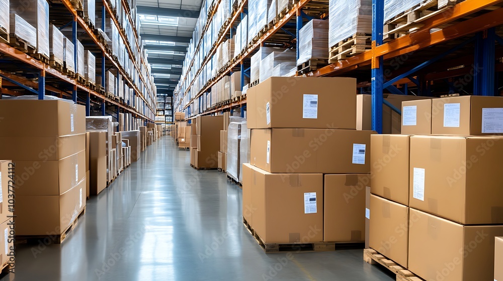 Cardboard Boxes Stacked on Pallets in Warehouse
