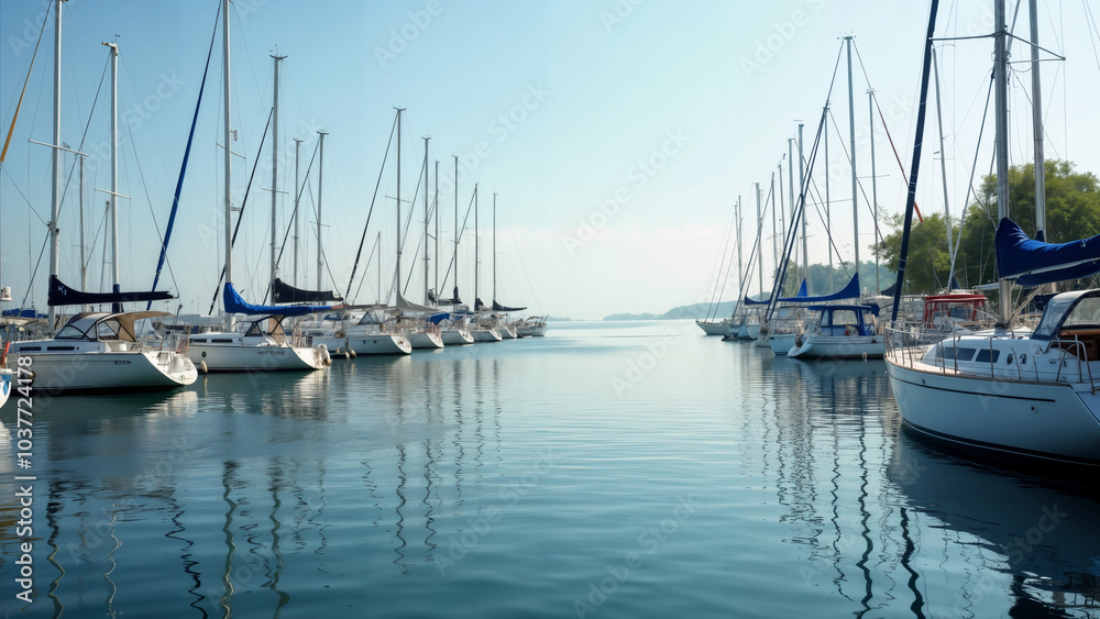 Obraz premium A Charming Picture of Sailboats Docked Gracefully at a Picturesque Pitch Amidst Serene Waters