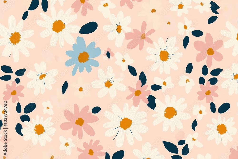 Minimalist floral pattern with abstract daisies on a solid background