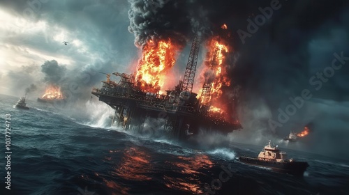 An oil rig blew up and on fire in the ocean