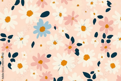 Minimalist floral pattern with abstract daisies on a solid background
