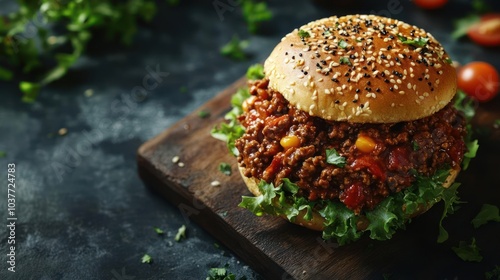 A tasty looking beefy burger with a generous amount of chili, served on a sesame seed bun. photo