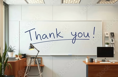 Thank you written on whiteboard at office by the team lead to the team