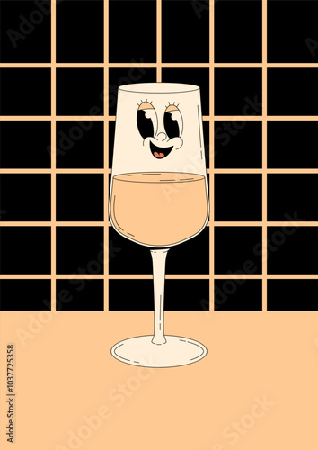 Retro wine festival poster. Groovy character white wine glass with face and empty space. Vintage vector illustration