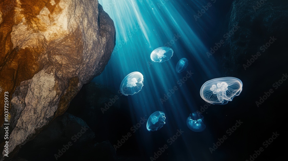 Fototapeta premium Jellyfish Gliding Through Underwater Cave Atmosphere