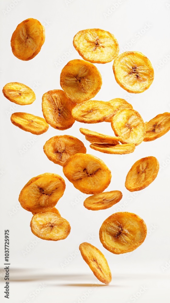 Airborne Banana Chips Against Light Background Airborne Banana Chips Against Light Background