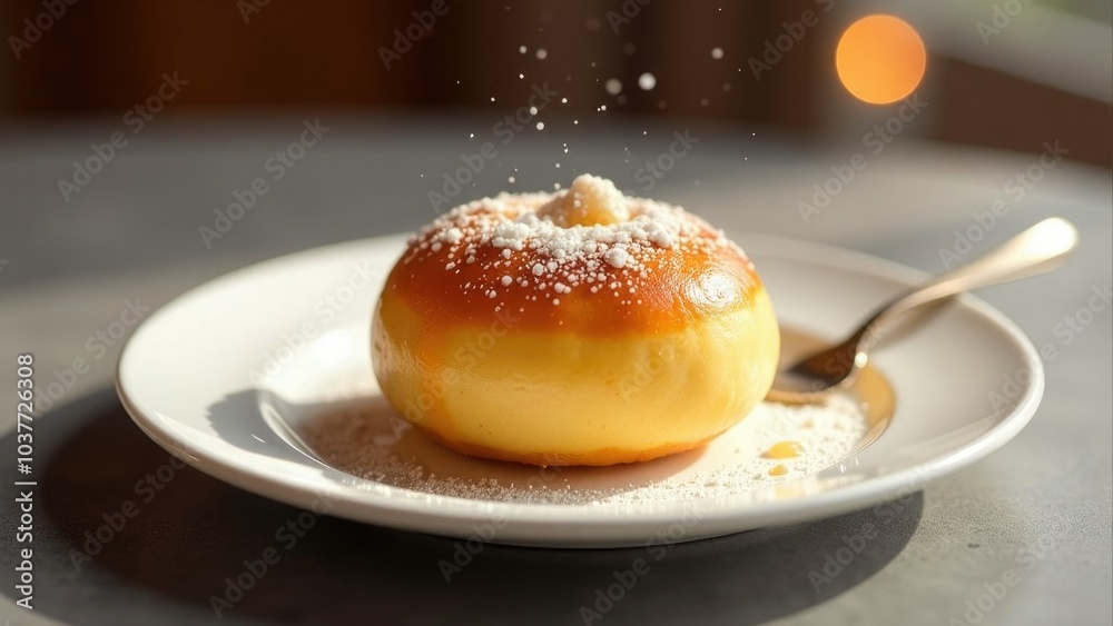 Golden sufganiyah on white plate with holiday atmosphere, celebrating hanukkah Golden sufganiyah on white plate with holiday atmosphere, celebrating hanukkah