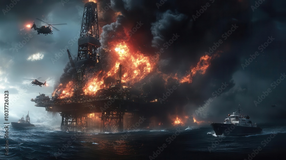 An oil rig blew up and on fire in the ocean An oil rig blew up and on fire in the ocean
