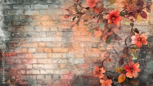 Floral texture painting on a brick background featuring watercolor overlays