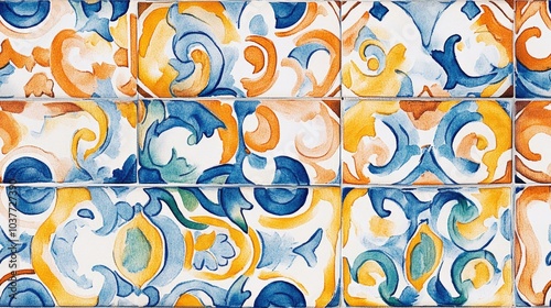Colorful Portuguese Azulejo tiles in a watercolor style featuring a multicolored ethnic floor design with ornate geometric patterns Chic mosaic pattern with a symmetrical design resembling a kalei