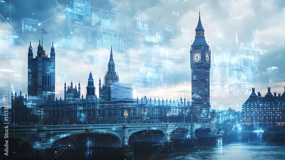 Fototapeta premium Abstract technology background in London for global business concept.