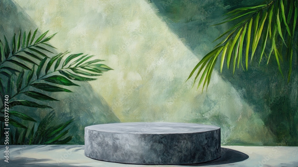 Oil painting of a gray stone podium against a green backdrop with tropical leaf shadows ideal for showcasing natural eco cosmetics and product promotion