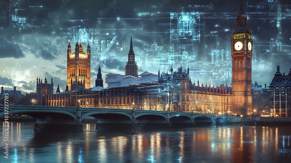 Fototapeta premium Abstract technology background in London for global business concept.