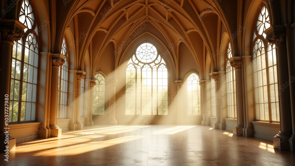 Obraz premium Majestic Interiors: A Room with Cathedral Ceilings and Windows Filtering Sunlight into Warmth