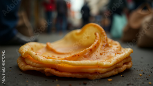 A Partially Eaten Puff Crepe Dish on a Bustling Street Surrounded by Colorful Bags Capturing Food Culture