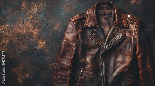 A men's leather jacket on a dark rugged backdrop with room for text and promotional offers photo