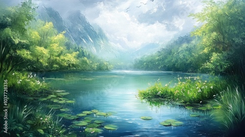 Oil painting depicting a serene summer lake surrounded by lush greenery and vibrant natural scenery