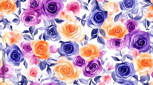 Seamless floral pattern featuring violet orange and pink roses in a watercolor style