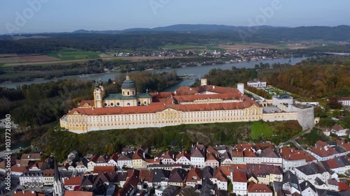 Melk, Austria - October 19, 2024: aerial view on the Melk abbey at the warm autumn