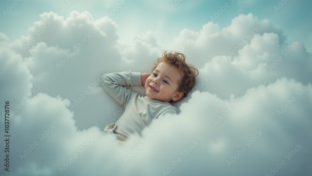A Dreamy Portrayal of a Little Boy Relaxing on a Cloudy Day Surrounded by Soft Fluffy Clouds Symbolizing the Peaceful Essence of Childhood A Dreamy Portrayal of a Little Boy Relaxing on a Cloudy Day Surrounded by Soft Fluffy Clouds Symbolizing the Peaceful Essence of Childhood