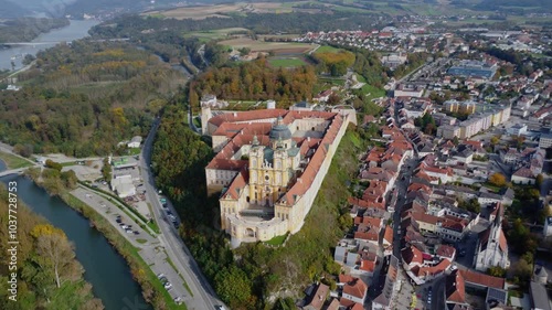 Melk, Austria - October 19, 2024: aerial view on the Melk abbey at the warm autumn