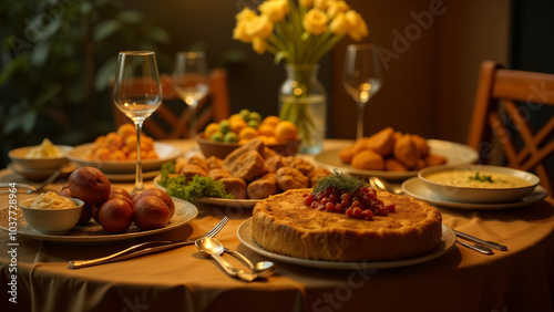 Beautifully Set Dining Table Showcasing a Variety of Delicious Food Options Highlighting Culinary Artistry