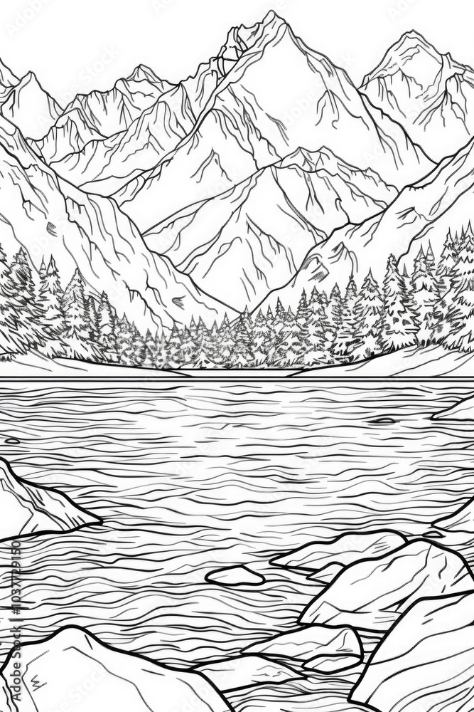 Fototapeta premium Coloring book illustration of a serene lake surrounded by snow capped mountains in winter