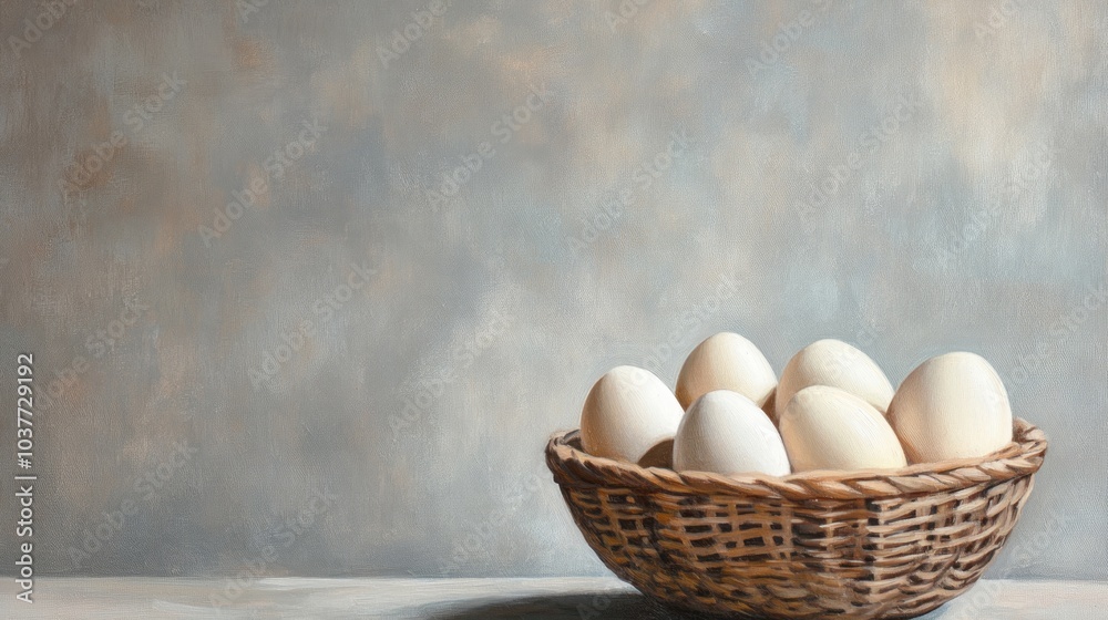 Oil painting of eggs in a wooden basket against a grey backdrop featuring ample copy space Oil painting of eggs in a wooden basket against a grey backdrop featuring ample copy space
