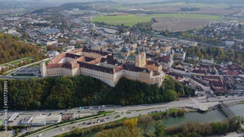 Melk, Austria - October 19, 2024: aerial view on the Melk abbey at the warm autumn