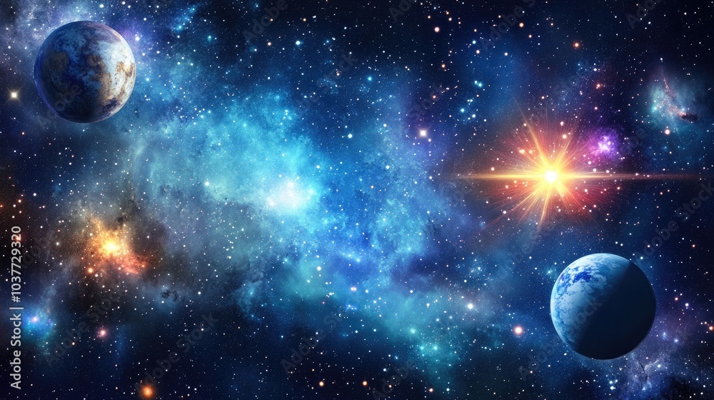 Obraz premium 2D illustration with a 3D cartoon rendering A realistic background of a star pattern depicting deep interstellar space Features bright flashing stars planets and moons Various creative science fic