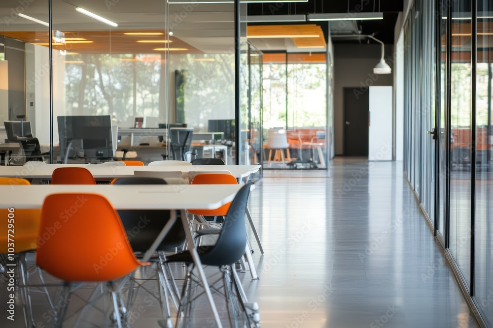 Futuristic open office room designed as a modern, collaborative space, emphasizing innovation and teamwork. Futuristic open office room designed as a modern, collaborative space, emphasizing innovation and teamwork.