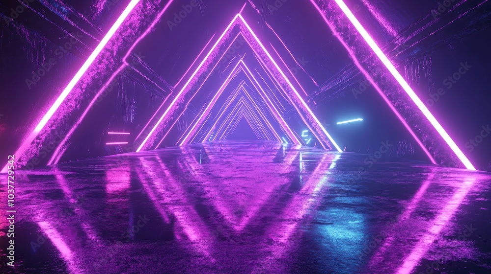 Neon abstract background featuring glowing geometric shapes in a digital tunnel loop with ultraviolet hues resembling a laser show and reflecting on the ground 3D render Neon abstract background featuring glowing geometric shapes in a digital tunnel loop with ultraviolet hues resembling a laser show and reflecting on the ground 3D render