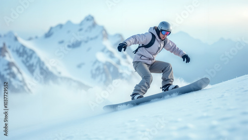 A Snowboarder Capturing the Thrill of Competition at the Winter Olympics Against Stunning Snow-Capped Mountains