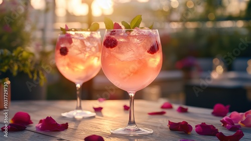 Pink Cocktails with Raspberry and Mint