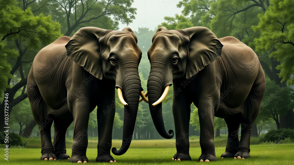 Fototapeta premium Majestic Elephants Beneath a Striking Mirror Installation in a Tranquil Green Park, Celebrating Their Natural Splendor