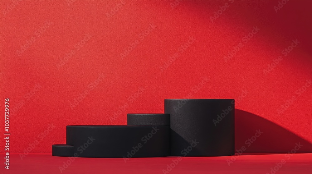 Pastel black cylindrical podium with steps set against a red background 3D rendering of an abstract realistic geometric pedestal or platform for product display Minimalist scene Pastel black cylindrical podium with steps set against a red background 3D rendering of an abstract realistic geometric pedestal or platform for product display Minimalist scene