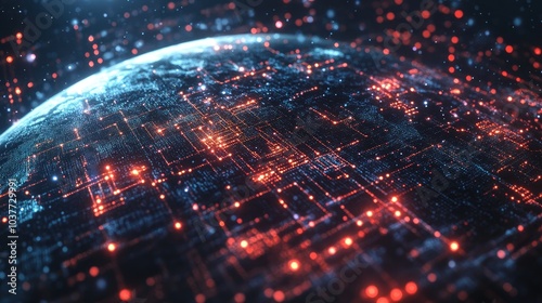 3D cartoon visualization depicting a worldwide social and information network from a space perspective with the Earth encircled by a digital data web photo