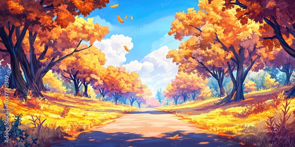 Beech tree-lined pathway in autumn with an inviting expanse, Autumn pathway lined with beech trees Beech tree-lined pathway in autumn with an inviting expanse, Autumn pathway lined with beech trees