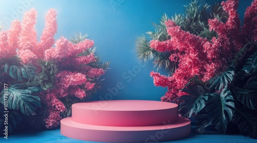 Pink podium set against a vibrant background photo