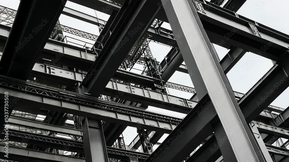 A low-angle view of a steel framework, showcasing the complex and intricate construction
