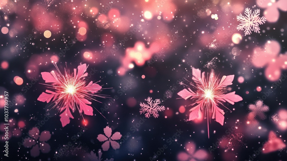 Fototapeta premium New Year celebration banner featuring pink firework sparklers illuminating a dark night filled with snowflakes and bokeh lights