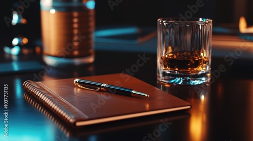 Leather Notebook, Pen, and a Glass of Whisky