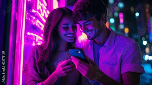 happy couple watching phone,focus on hands, neon city, neon lights, main colours: purple and pink